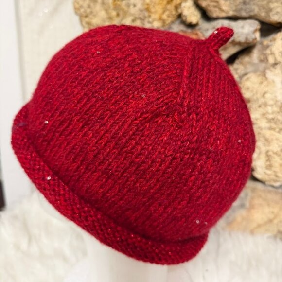 Handmade Red Knit Wool Blend Beanie With Rolled Brim main image 5